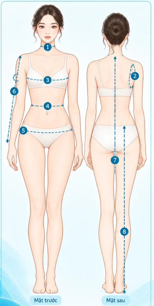Cách tự lấy số đo may váy cưới tại nhà: 8 số đo LAM’S cần Hình minh hoạ vị trí 8 số đo trên cơ thể cô dâu, mặt trước và mặt sau