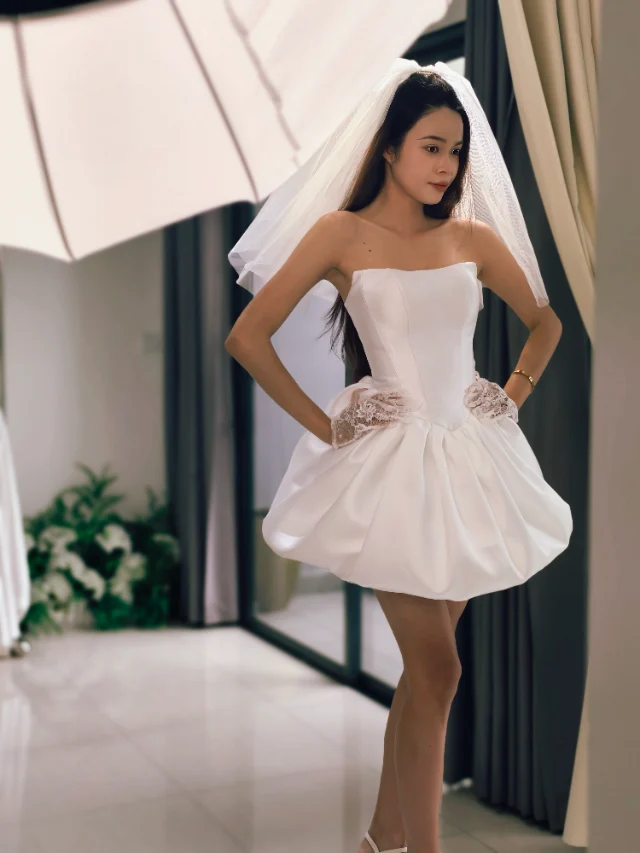 Chi tiết váy after party satin mikado may đo