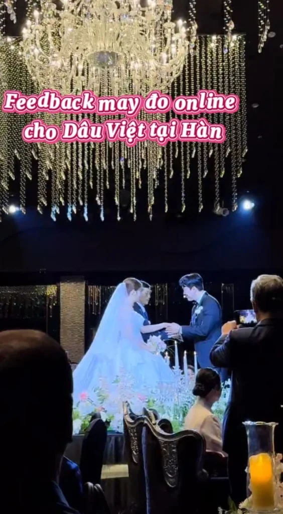 Dâu Việt ở Hàn trong lễ cưới với váy cưới công chúa ren gân Pháp may đo online tại LAM'S