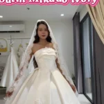 Váy cưới satin mikado ivory phom corset siết eo, chân váy xoè công chúa, ren hoa đính kết thủ công